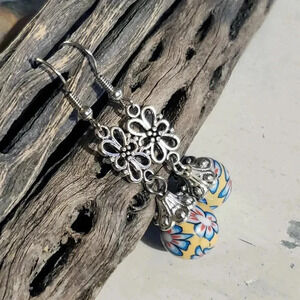 Handcrafted Fimo Clay Yellow Blue Multi Flower Beads Antique Silver Earrings